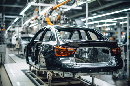 Car production line. Assembling a car on a conveyor belt. Close-up of a car body.の素材