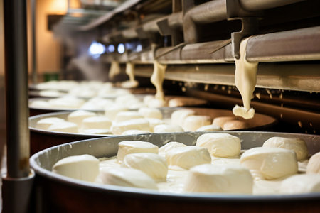 A pan filled with marshmallows sitting on top of a counter. Industrial cheese production plant. Modern technologies. Production of different types of cheese at the factory.の素材