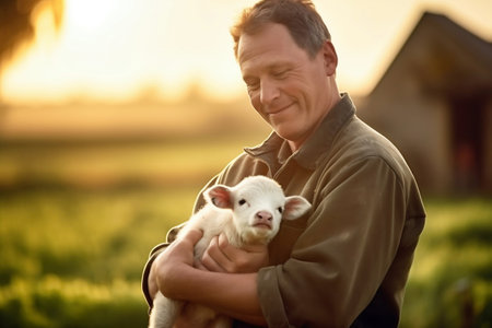 A farmer holds a newborn calf in his arms. Animal husbandry and agriculture. The birth of a calf on a small farm. Cattle breeding. Livestock farming in rural areasの素材