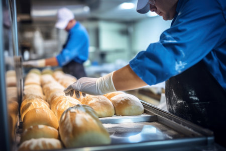 A worker in a bakery puts bread in the oven. Bread production enterprise. Bakery Close-upの素材