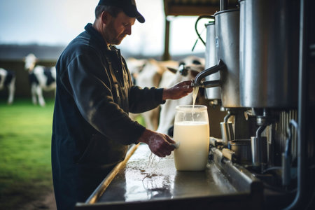 A farmer takes care of his cows. Private farming. Milk production and livestock farming. Breeding cattle. Everyday chores on a home farmの素材
