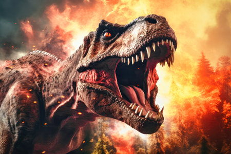 Tyrannosaurus T-rex ,dinosaur on smoke and fire background. Global catastrophe. A dinosaur escapes from the flamesの素材