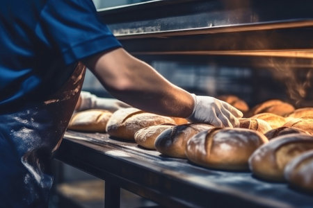 A worker in a bakery puts bread in the oven. Bread production enterprise. Bakery Close-upの素材