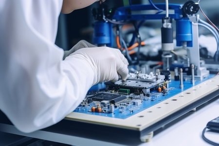 A man in a factory assembles and tests an electronic board. Modern production of electronic componentsの素材