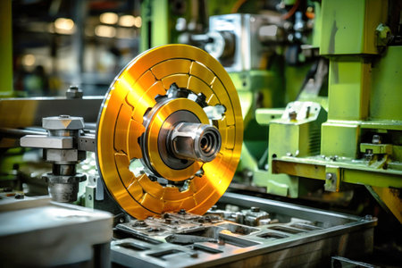 A close up of a machine in a factory. Modern metal processing at an industrial enterprise. Manufacturing of high-precision parts and mechanisms.の素材