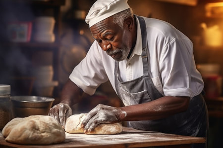 An elderly dark-skinned male baker prepares bread dough in the kitchen. Kneads dough for baking. Homemade bread production. Fresh bakery. Private productionの素材