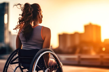 A woman in a wheel chair on the street. Young disabled woman in the city on a walk at sunsetの素材