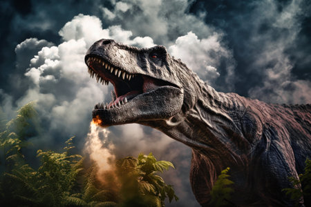 A huge dinosaur Tyrannosaurus T-rex against the backdrop of the primeval jungle. Prehistoric owner of the planet. A terrible predato.の素材