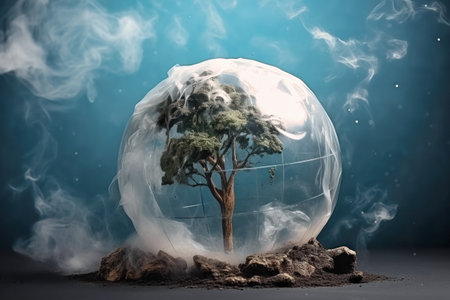 Glass globe in smoke, Environment Social and Governance. World sustainable environment concept. Pollution of the planet. The Green tree is protectedの素材