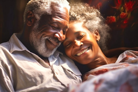 You are the beautiful part of my life. Happy elderly dark-skinned couple cuddling in bed. Romantic feelings. Loveの素材