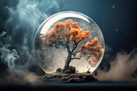 Glass globe in smoke, Environment Social and Governance. World sustainable environment concept. Pollution of the planet. The Green tree is protectedの素材