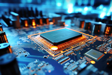 Motherboard with electronic components. Powerful processor. Development of computer technologies. Modern electronics productionの素材