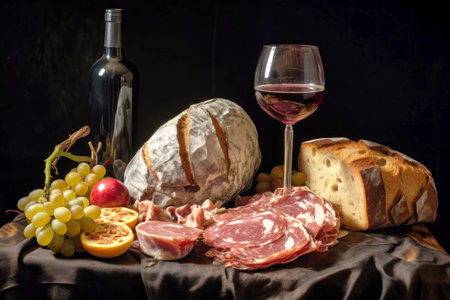 Set of sausages, salami, ham and smoked meats with rosemary cheese and spices on a dark background. Delicacy meat productsの素材