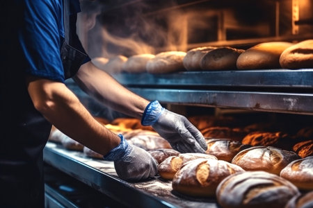 A worker in a bakery puts bread in the oven. Bread production enterprise. Bakery Close-upの素材