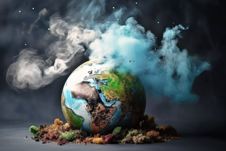 Planet earth in smoke, Environment Social and Governance. World sustainable environment concept. Pollution of the planet. The globe is under threatの素材