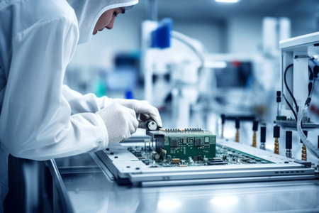 A man in a factory assembles and tests an electronic board. Modern production of electronic componentsの素材
