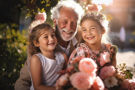 Meeting of grandfather and grandchildren. An elderly man and his grandchildren are happy together. They hug and rejoice at meeting each other. Caring for the elderly. Children visit old peopleの素材
