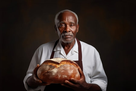 An elderly dark-skinned male baker holds freshly baked bread in his hands. Baker in a private bakery. Bread production at home or in a small enterprise. Small businessの素材
