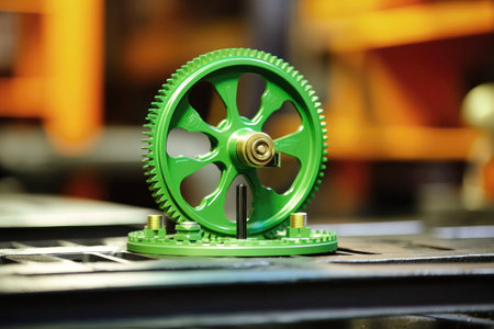 A close up of a green wheel on a table. Modern metal processing at an industrial enterprise. Manufacturing of high-precision parts and mechanisms.の素材