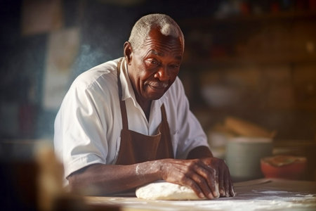 An elderly dark-skinned male baker prepares bread dough in the kitchen. Kneads dough for baking. Homemade bread production. Fresh bakery. Private productionの素材