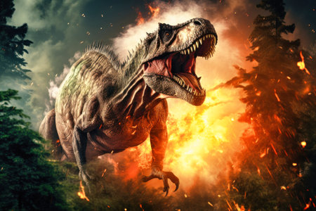 Tyrannosaurus T-rex ,dinosaur on smoke and fire background. Global catastrophe. A dinosaur escapes from the flamesの素材