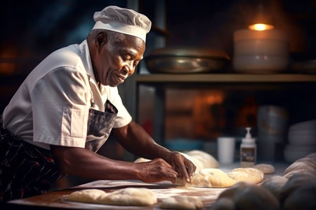 An elderly dark-skinned male baker prepares bread dough in the kitchen. Kneads dough for baking. Homemade bread production. Fresh bakery. Private productionの素材