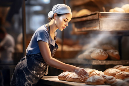A woman working in a bakery holding a tray of breadの素材