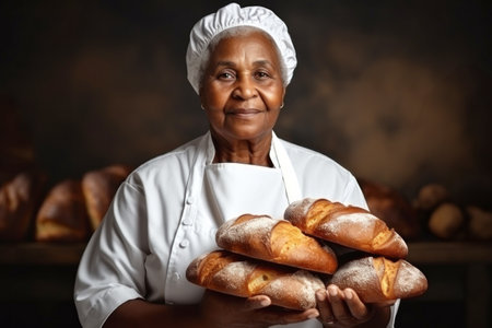 An elderly dark-skinned woman baker holds freshly baked bread in her hands. Baker in a private bakery. Bread production at home or in a small enterprise. Small businessの素材