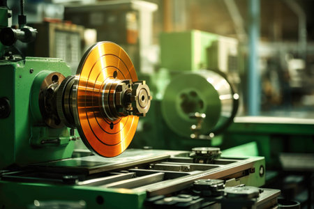 A close up of a machine cutting a piece of metal. Modern metal processing at an industrial enterprise. Manufacturing of high-precision parts and mechanisms.の素材