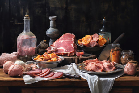 Set of sausages, salami, ham and smoked meats with rosemary cheese and spices on a dark background. Delicacy meat productsの素材