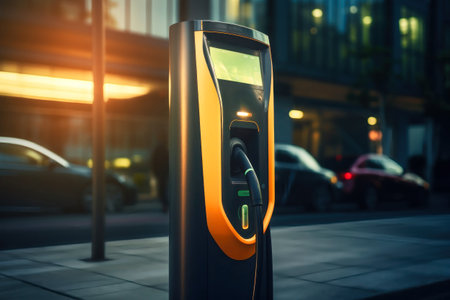 Fast charging stations for electric vehicles in a modern city at night. Charging station for cars with illumination. Electricity supply of the cityの素材