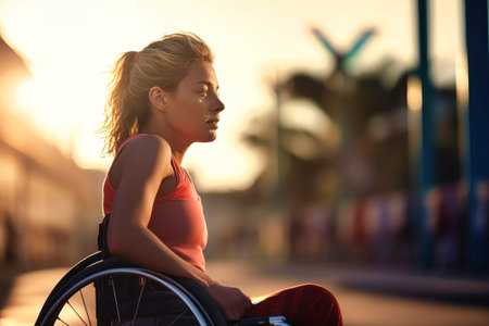 A woman in a wheel chair on the street. A modern woman with disabilities is not afraid of difficulties. Social supportの素材