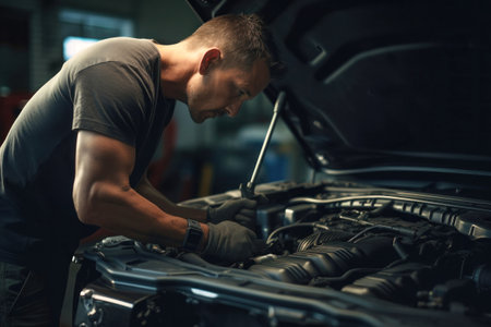 A mechanic in a workshop diagnoses and repairs the engine and car systems. Car repair and diagnostics in the garage. Modern car service. Brutal worker mechanicの素材