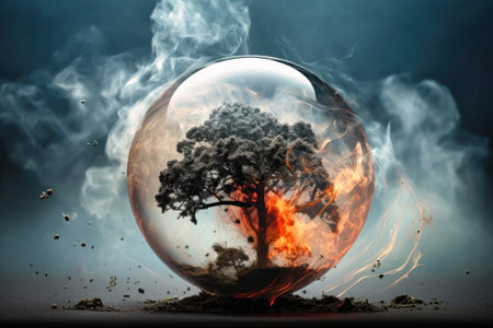 Glass globe in smoke, Environment Social and Governance. World sustainable environment concept. Pollution of the planet. The Green tree is protectedの素材