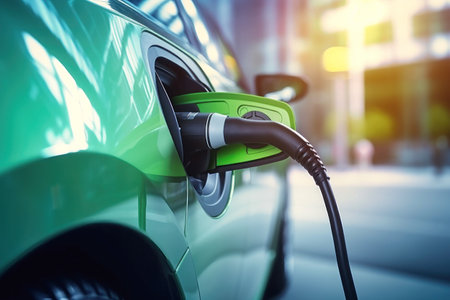 EV charging station for electric car in concept of green energy and eco power produced from sustainable source to supply to charger station in order to reduce CO2 emissionの素材