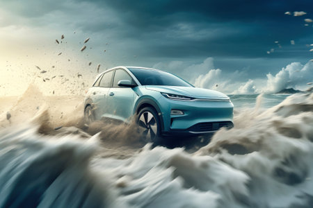 A powerful electric car rushes through rugged terrain, overcoming obstacles. Eco-friendly electric transport concept. Power and speed of an electric vehicleの素材