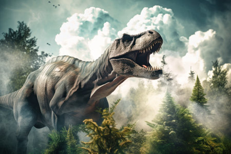 A huge dinosaur Tyrannosaurus T-rex against the backdrop of the primeval jungle. Prehistoric owner of the planet. A terrible predato.の素材