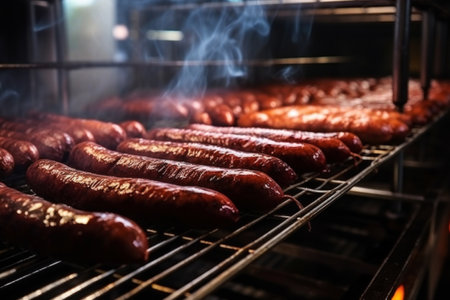 A bunch of hot dogs are cooking on a grill. Industrial smoking of sausages and meat products in a factory. sausage in the smokehouse. flavorful sausages.の素材