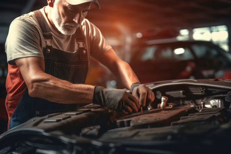 A mechanic in a workshop diagnoses and repairs the engine and car systems. Car repair and diagnostics in the garage. Modern car service. Brutal worker mechanicの素材