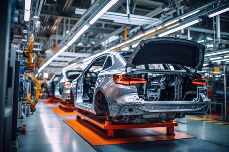 Automated assembly line for robot manipulators for the production of high-tech electric vehicles running on clean energy. Automatic construction, construction, industrial production welding conveyor. Foregroundの素材