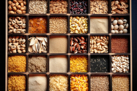 Assorted different types of beans and cereals grains. Set of indispensable sources of protein for a healthy lifestyle. Close-up. View from aboveの素材
