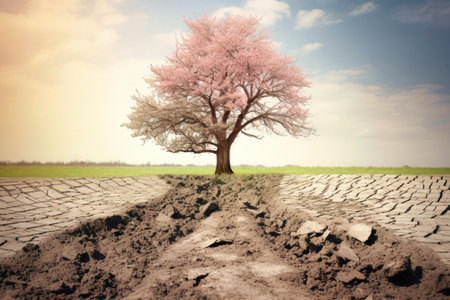 Dry cracked soil after cutting down trees. Lonely remaining tree. Concept of climate change or global warming. Soil erosion. Ecologyの素材