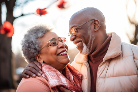 An elderly dark-skinned couple, a man and a woman, hugging in an autumn park. They look at each other with a loving gaze. Older African Americans dating. Relationships in old age. Love and romanceの素材