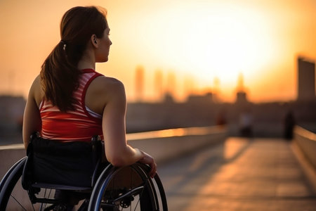 A woman in a wheel chair on the street. Young disabled woman in the city on a walk at sunsetの素材