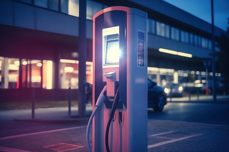Fast charging stations for electric vehicles in a modern city at night. Charging station for cars with illumination. Electricity supply of the cityの素材