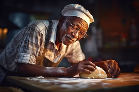 An elderly dark-skinned male baker prepares bread dough in the kitchen. Kneads dough for baking. Homemade bread production. Fresh bakery. Private productionの素材