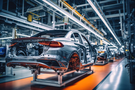 Car production line. Assembling a car on a conveyor belt. Close-up of a car body.の素材
