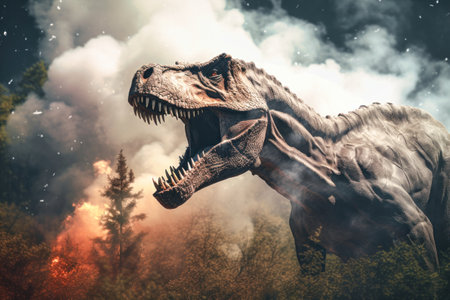 A huge dinosaur Tyrannosaurus T-rex against the backdrop of the primeval jungle. Prehistoric owner of the planet. A terrible predato.の素材