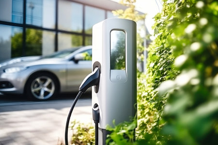 Electric car charging station in a modern city. Availability and environmental friendliness. Green energy. Modern charging station.の素材
