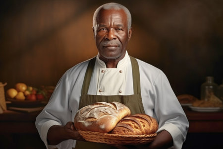 An elderly dark-skinned male baker holds freshly baked bread in his hands. Baker in a private bakery. Bread production at home or in a small enterprise. Small businessの素材